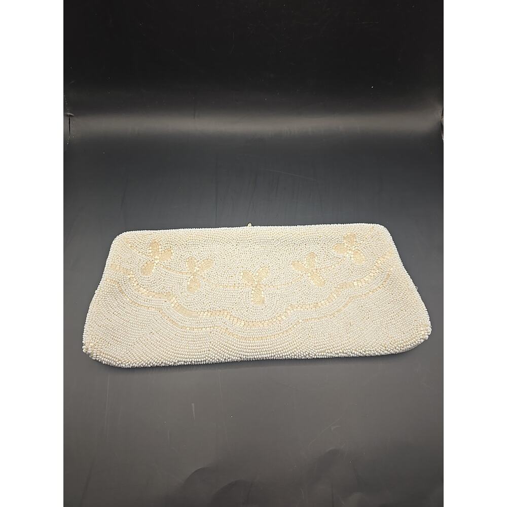 Vintage Walborg Belgium White Glass Beaded Clutch Purse Wedding with Hand Mirror